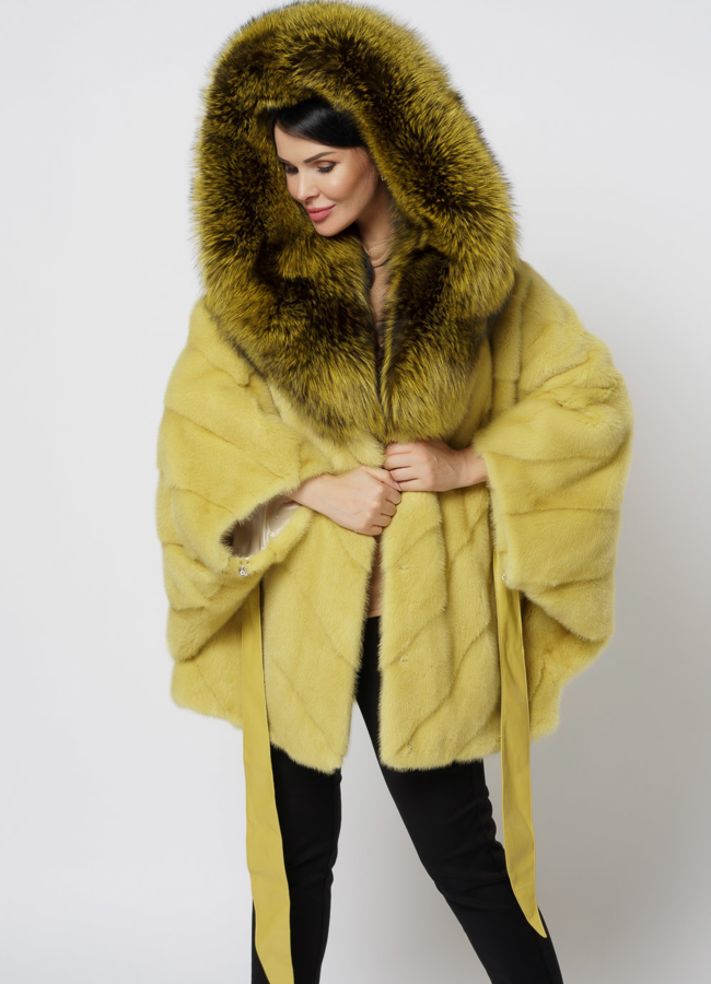 Желтая шуба из норки модель № 1214 меха малина