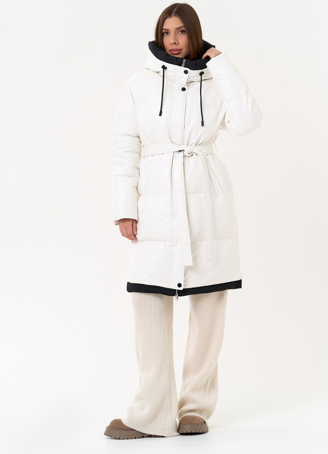 Белый пуховик из эко кожи с поясом модель № 30728 в кредит Белый пуховик из эко кожи с поясом модель № 30728 в кредит