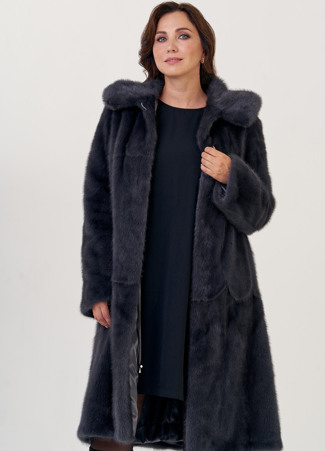 Удлиненная классическая шуба с капюшоном в цвете графит модель № 23166 универмаг малина