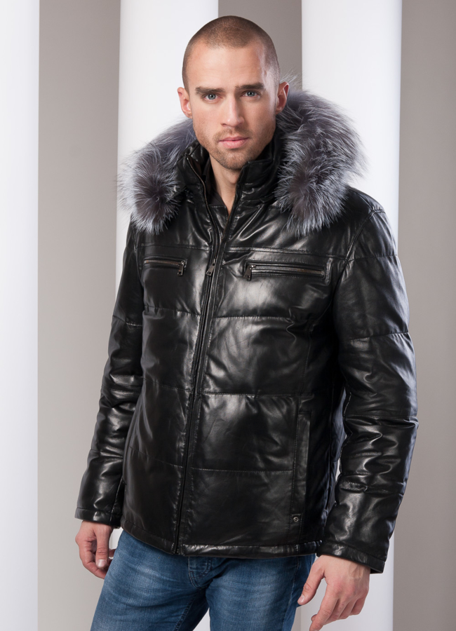 Кожаный пуховик модель № ПМ-44 меха малина