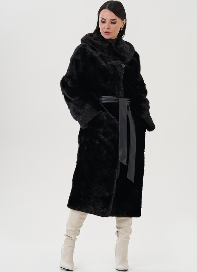 фото Длинная норковая шуба с капюшоном модель № 25018