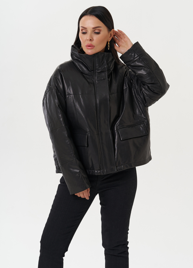 Утепленная кожаная куртка модель № 28116 меха малина