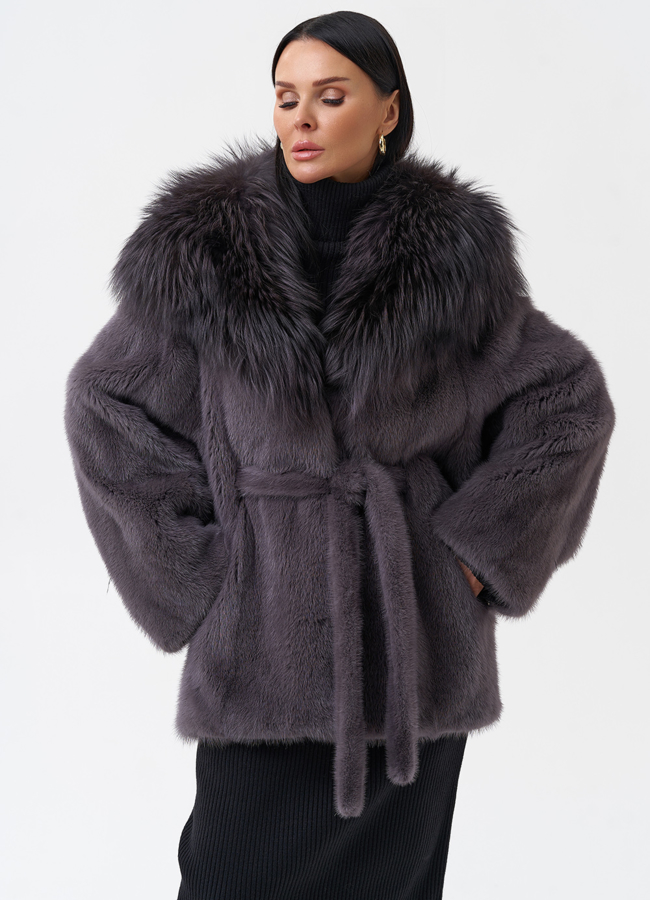 Шуба -кимоно из норки с поясом модель № 26040 универмаг малина