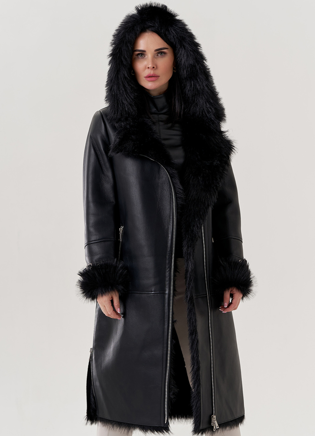 Женская дубленка из эко кожи черного цвета  модель № 79456 в кредит