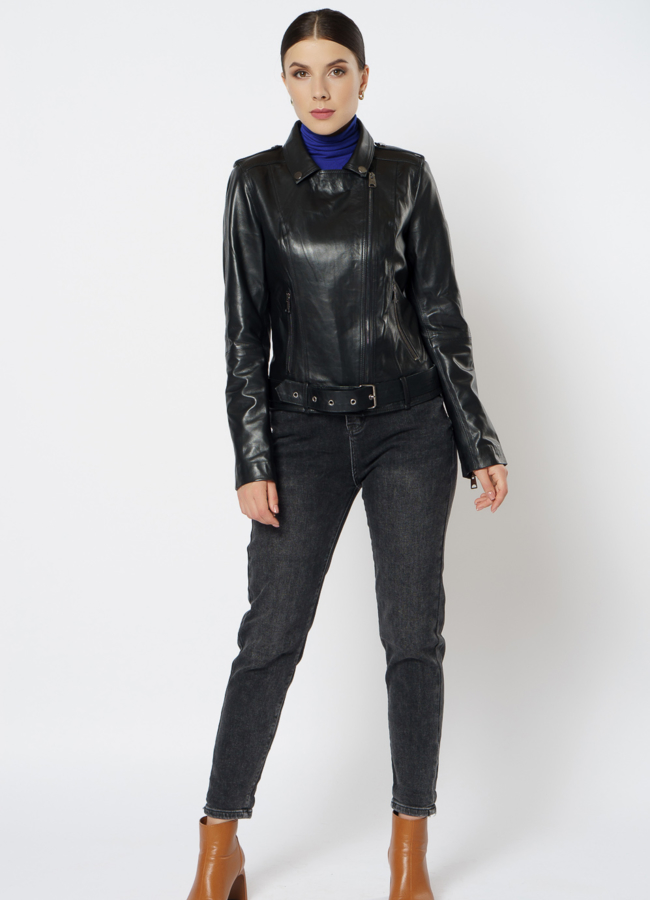 фото Кожаная куртка с поясом модель № 21608