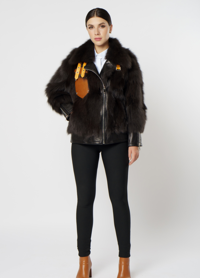 фото Куртка женская из натуральной кожи с отделкой из песца модель № 20909
