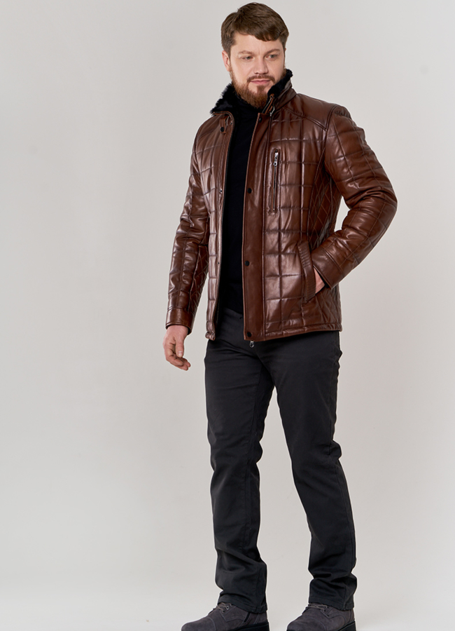 фото Мужская зимняя куртка коричневого цвета модель № П-510