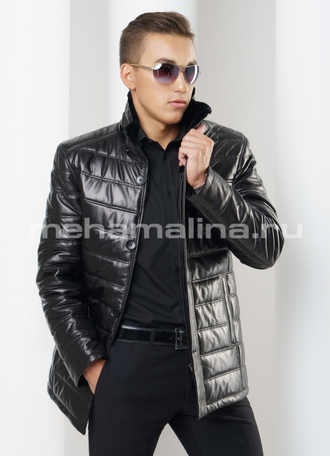 Кожаный пуховик модель № ПМ-69 универмаг малина