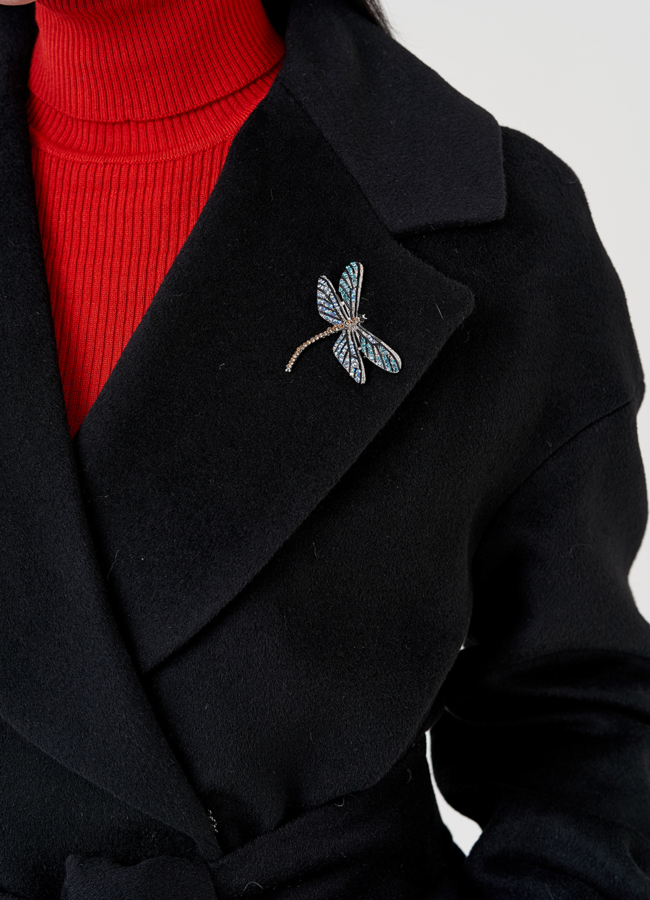 Женское пальто под пояс в черном цвете модель № 23960 в рассрочку