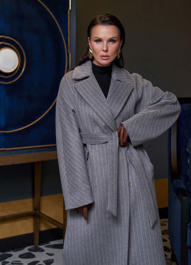 Длинное пальто в полоску модель № 28086 в рассрочку