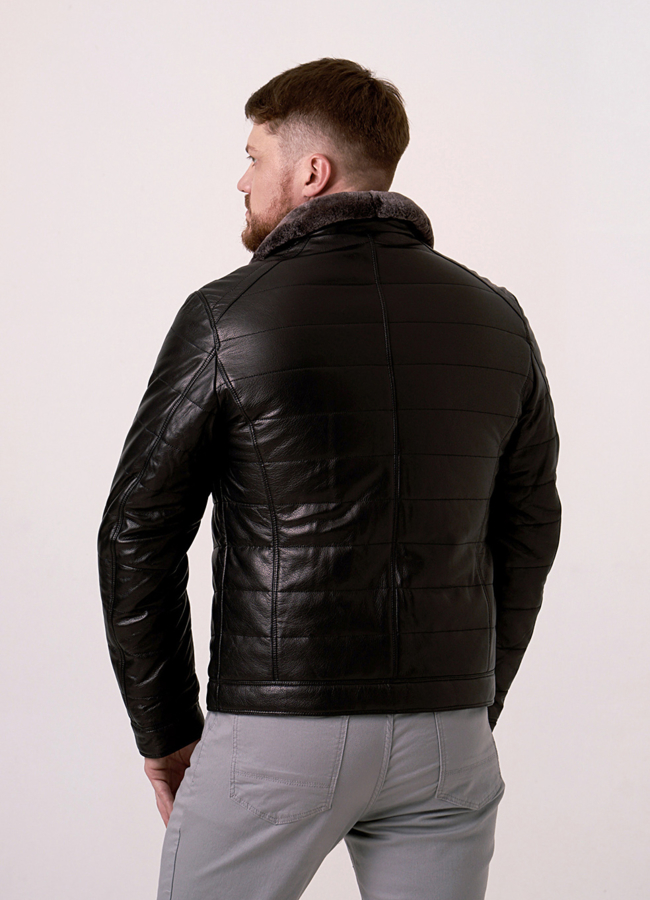 Кожаный пуховик с отделкой из овчины модель № 215 в кредит