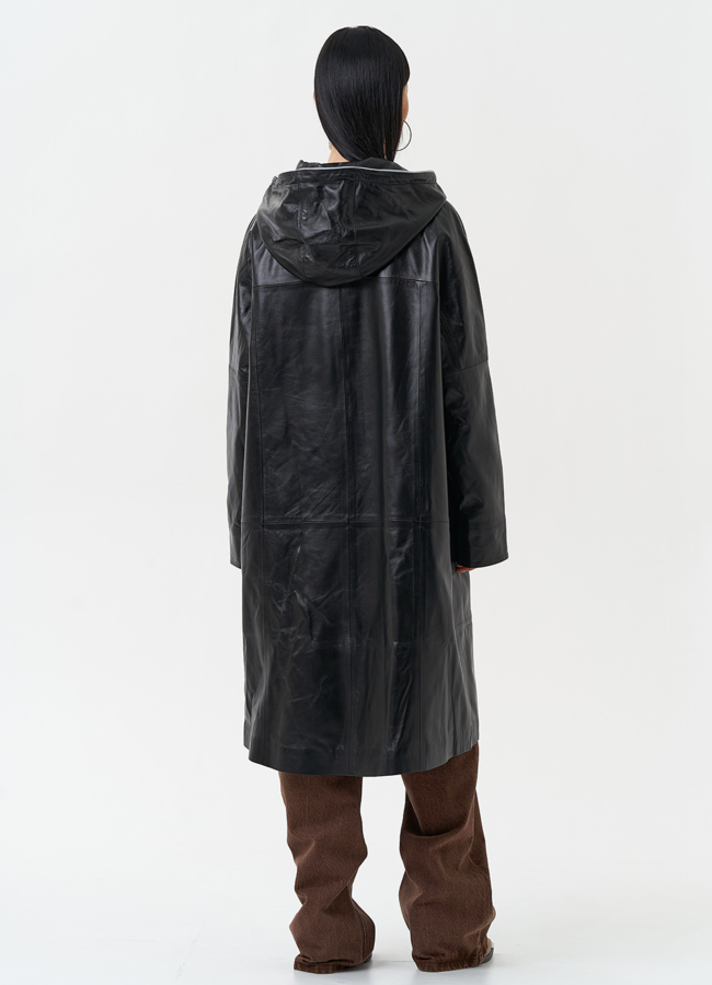 фото Женский плащ из натуральной кожи с капюшоном модель № 30339