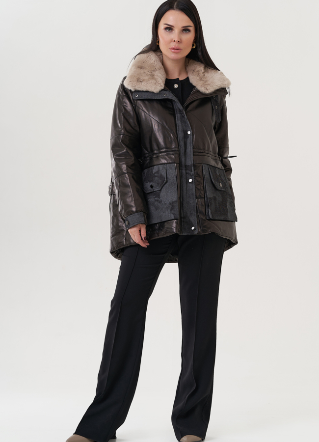 Полупальто из натуральной кожи с отделкой из меха песца  модель № 25381 универмаг малина