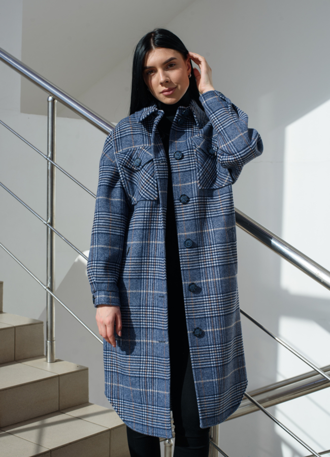 Женское пальто - рубашка синего цвета модель № 21837 универмаг малина