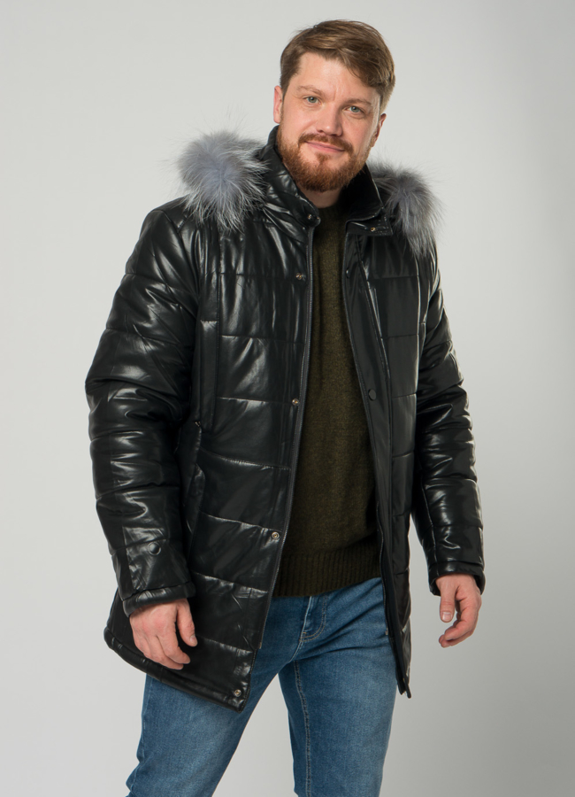 Мужской пуховик из эко кожи с капюшоном модель № 21877 меха малина