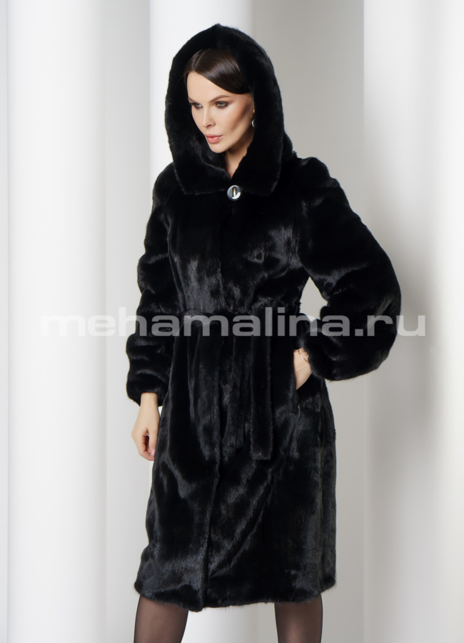Черная норковая шуба с капюшоном модель № 3007 в рассрочку