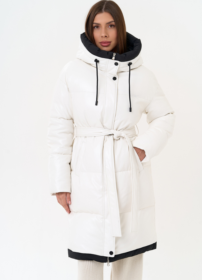 Белый пуховик из эко кожи с поясом модель № 30728 меха малина Белый пуховик из эко кожи с поясом модель № 30728 меха малина