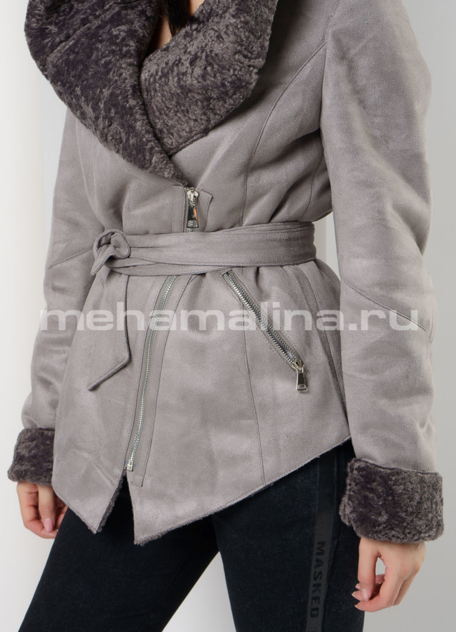 Укороченная эко дубленка серого цвета с капюшоном модель № 9196 универмаг малина