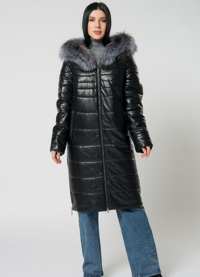 фото Пуховик из эко кожи черного цвета  модель № 22007