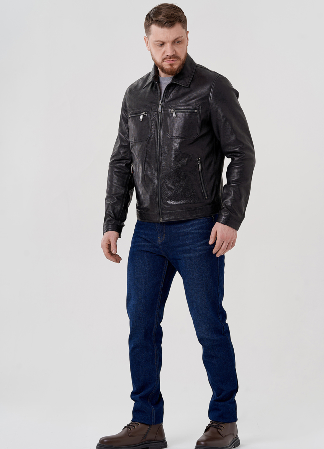 Мужская куртка из натуральной кожи черного цвета  модель № 24397 в кредит