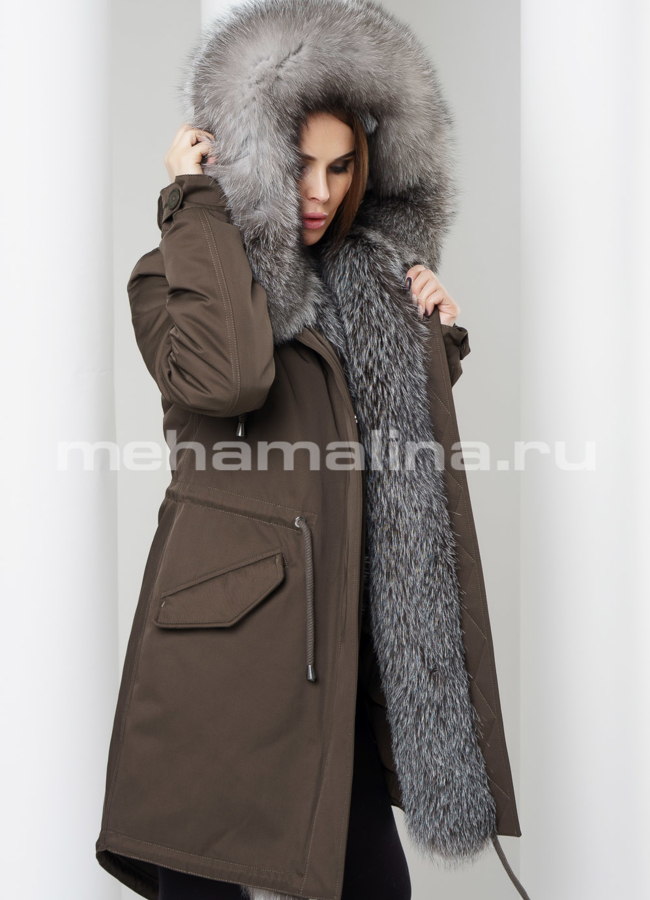 Удлиненная парка модель № П-210 меха малина