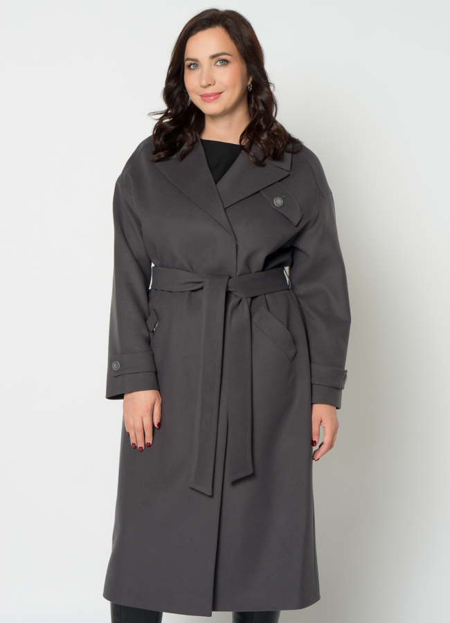 Женское пальто в сером цвете с поясом модель № 21374 меха малина