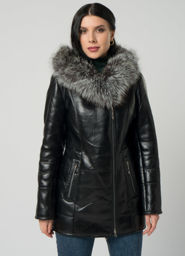 Дубленка из эко кожи с чернобуркой модель № 19945 меха малина