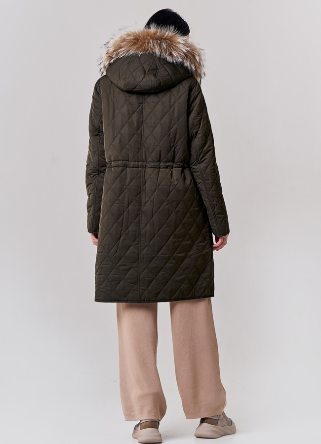 Двусторонняя парка с капюшоном зеленого цвета с енотом модель № 21133 универмаг малина