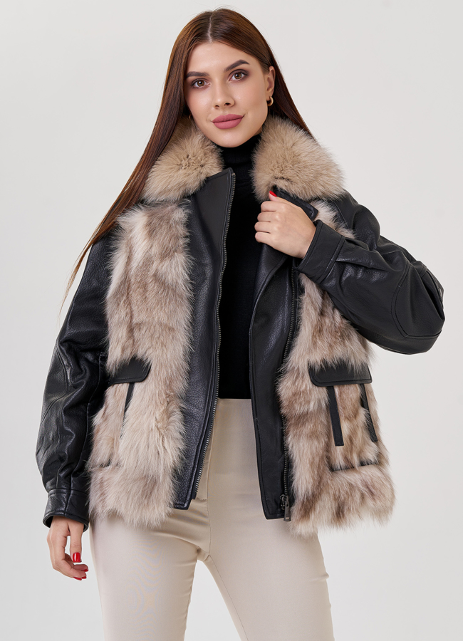 Куртка кожаная с мехом модель № 75319 меха малина