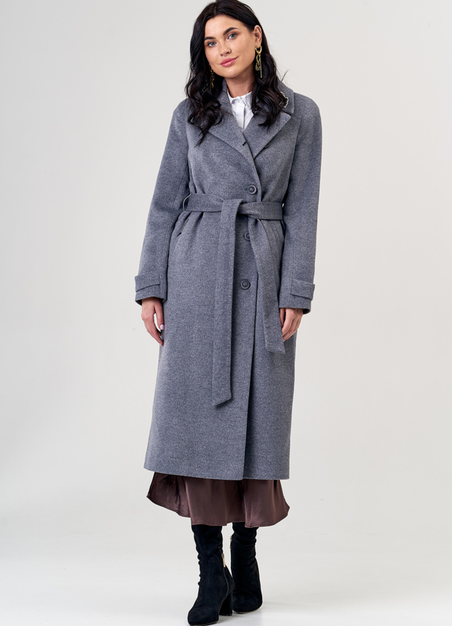 Женское пальто серого цвета с поясом модель № 21373 универмаг малина