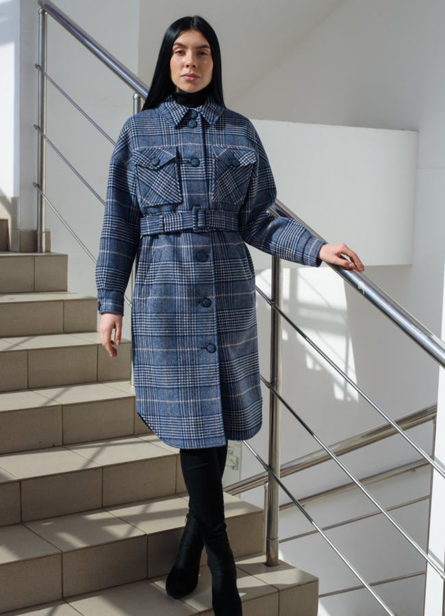 фото Женское пальто - рубашка синего цвета модель № 21837
