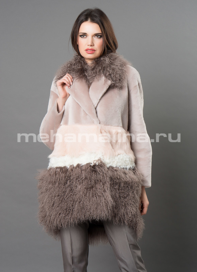 Дубленка премиум модель № D-243 меха малина