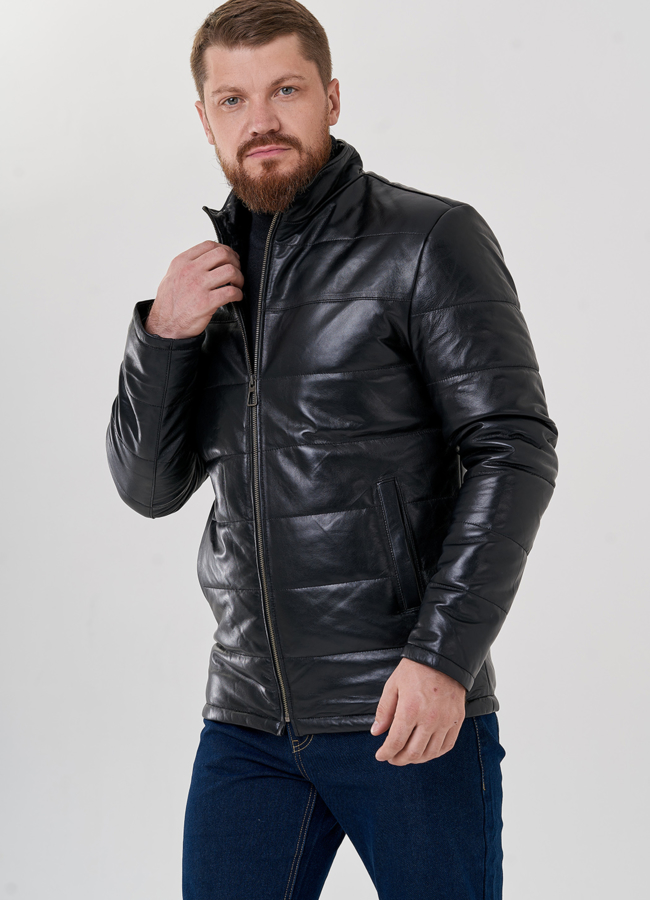 Утепленная кожаная куртка модель № 79189 меха малина