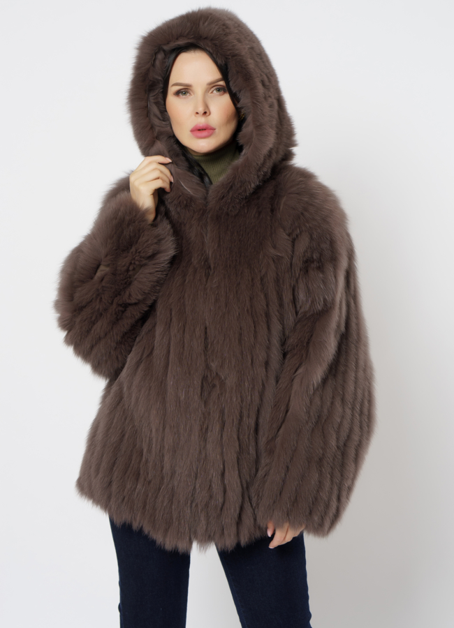 Шуба из песца с капюшоном модель № 21564 меха малина