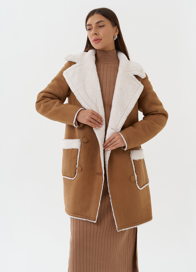 Двухсторонняя дубленка из эко кожи с поясом модель № 27768 в кредит