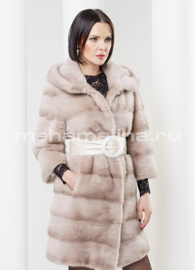 Шуба норка, поперечка с капюшоном.  модель № S-327 в рассрочку