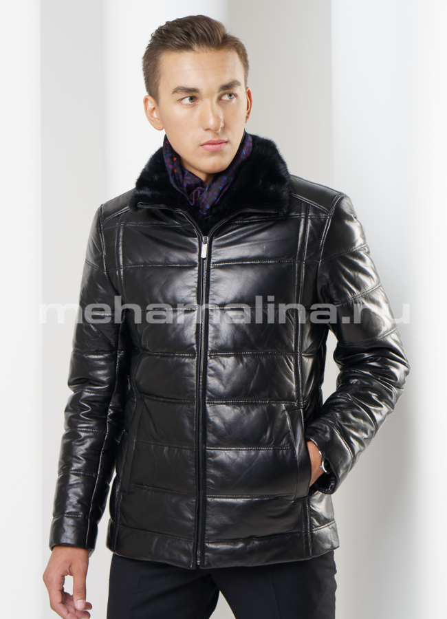 Пуховик черного цвета модель № ПМ-68 меха малина