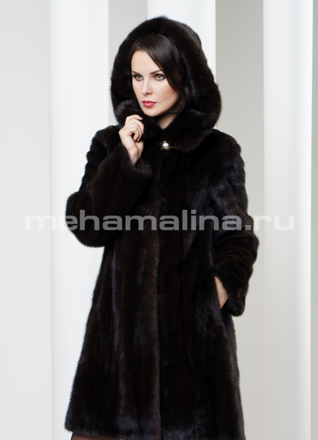 Шуба норка с капюшоном, цвет махагон, длина 90см модель № S-174 меха малина