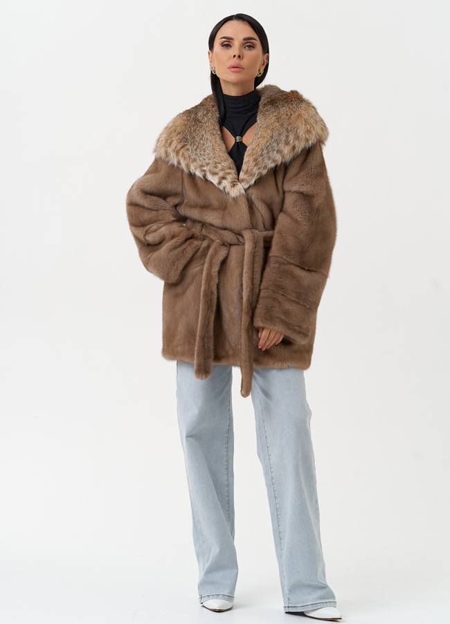Женская шуба из меха норки с капюшоном из меха рыси модель № 31165 универмаг малина