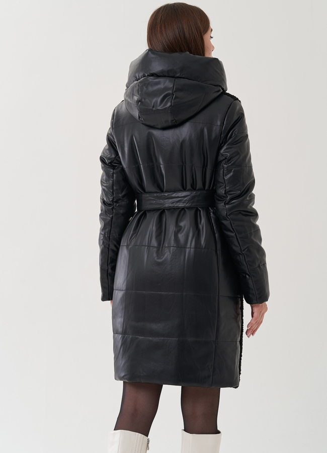 Пуховик из эко кожи с капюшоном модель № 25342 универмаг малина