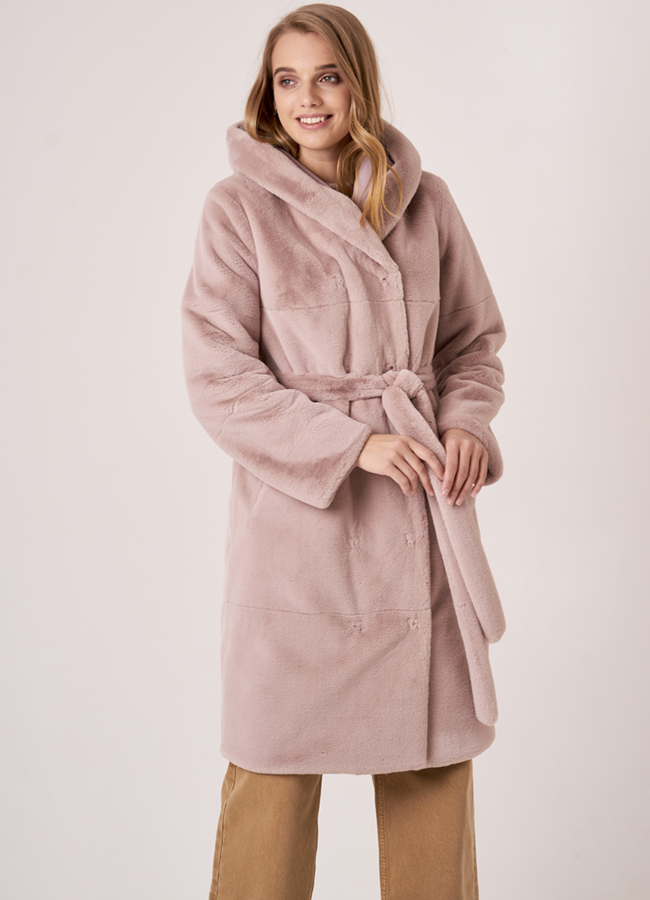 Двусторонняя эко шуба с капюшоном модель № 19355 меха малина