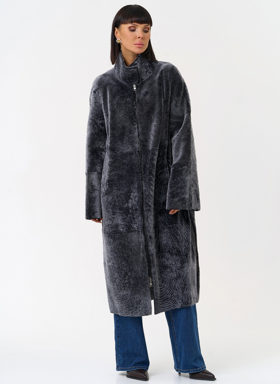 Женская двухсторонняя дубленка с воротником стойкой