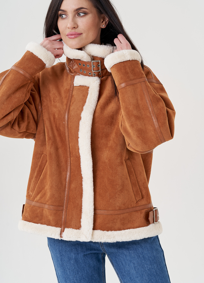 Дубленка женская  из эко замши  модель № 23953 меха малина