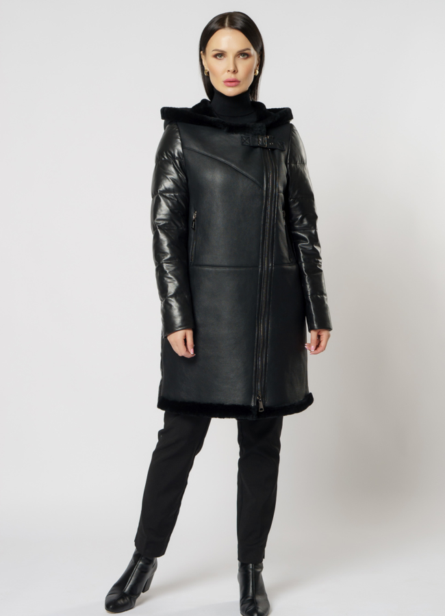 фото Пуховик из натуральной кожи с отделкой дубляж на молнии с капюшоном модель № 2095