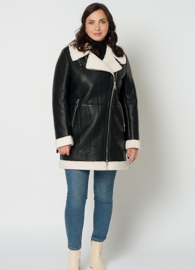 фото Удлиненная дубленка пилот из эко кожи в черном цвете модель № 21696
