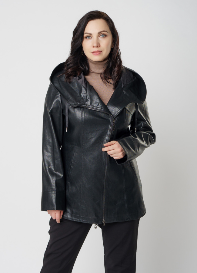Полупальто из эко кожи черного цвета модель № 2033 меха малина