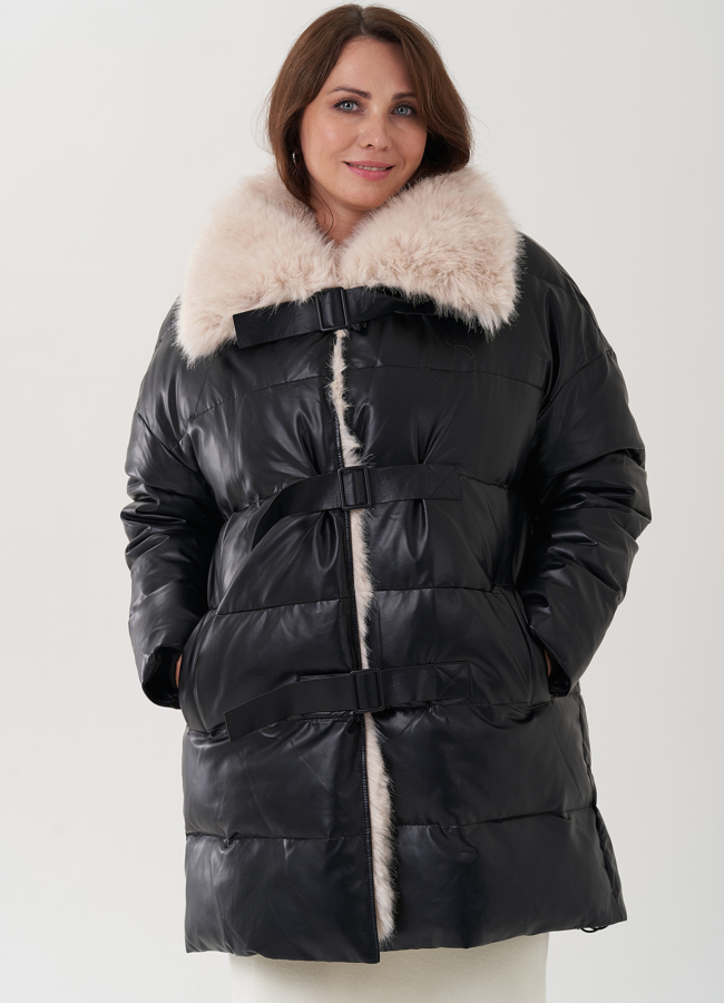 Пуховик из эко кожи с воротником из эко меха  модель № 24868 в рассрочку