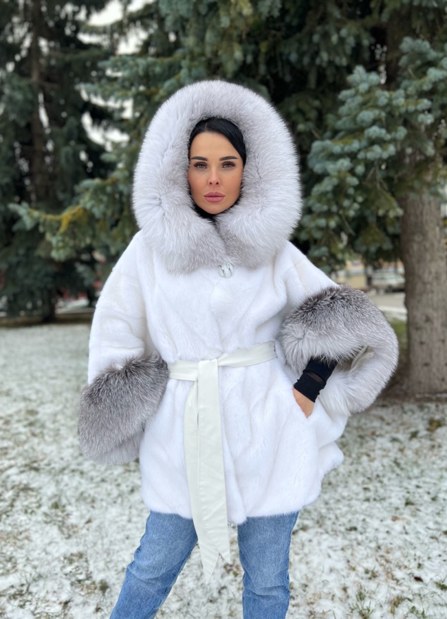 фото Норковая шуба с капюшоном отделка  из песца  модель № 79234