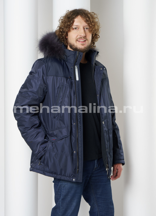 Мужская куртка с капюшоном, отделка енот модель № KM-82 универмаг малина