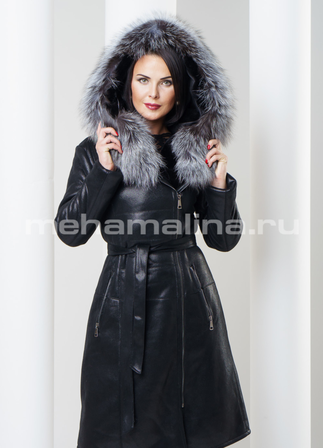 Дубленка с чернобуркой, цвет черный модель № D-144 меха малина